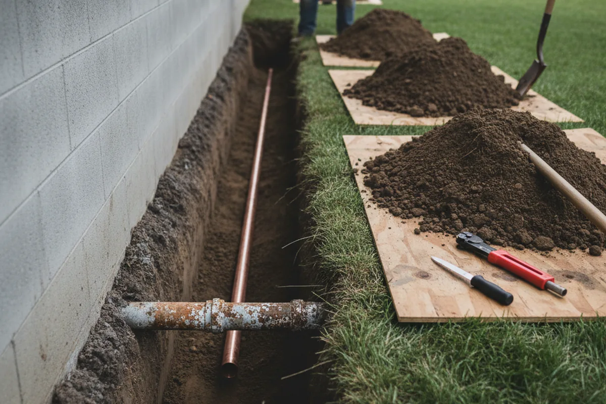Excavated water line trench during Water Heater Repair in Altamahaw